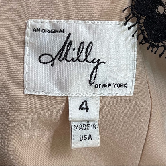 Milly Celia 3/4 Sleeve short Dress SZ 4 Black Lace Blush silk Lining Scallop Hem - Picture 11 of 11